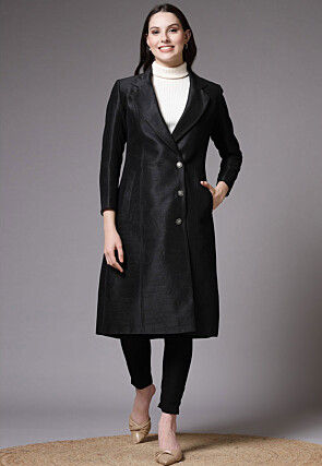 Solid Color Art Dupion Silk Trench Coat in Black