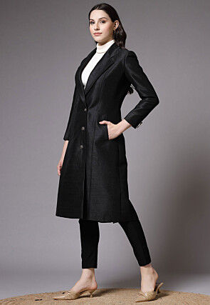 Solid Color Art Dupion Silk Trench Coat in Black