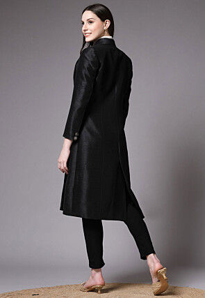 Solid Color Art Dupion Silk Trench Coat in Black