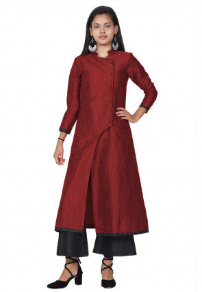 Solid Color Art Silk A Line Kurta in Red