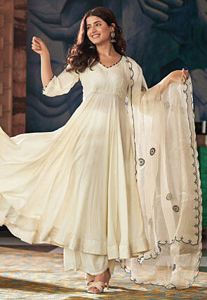 Solid Color Art Silk A Line Suit in Off White