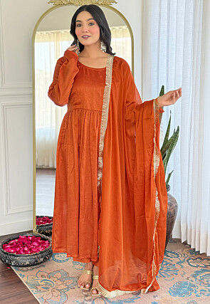 Solid Color Art Silk A Line Suit in Orange