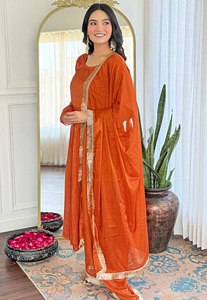 Solid Color Art Silk A Line Suit in Orange