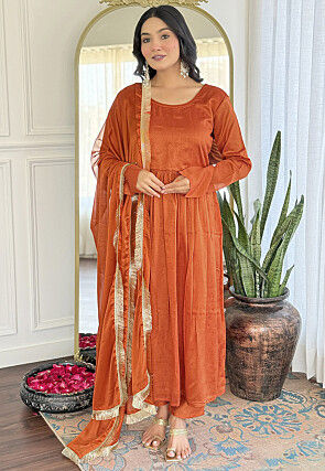 Solid Color Art Silk A Line Suit in Orange
