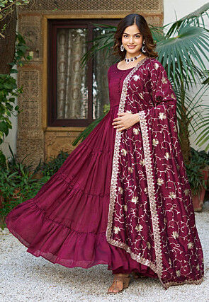 Solid Color Art Silk Tiered Abaya Style Suit in Magenta
