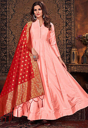 Solid Color Art Silk Abaya Style Suit in Peach
