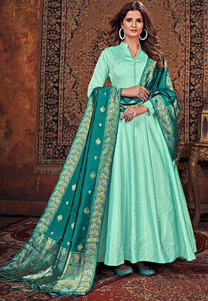 Solid Color Art Silk Abaya Style Suit in Sea Green