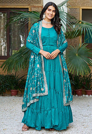 Solid Color Art Silk Tiered Abaya Style Suit in Teal Blue