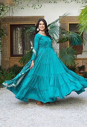 Solid Color Art Silk Tiered Abaya Style Suit in Teal Blue