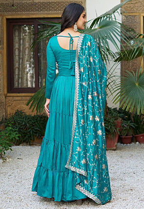 Solid Color Art Silk Tiered Abaya Style Suit in Teal Blue