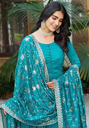 Solid Color Art Silk Tiered Abaya Style Suit in Teal Blue