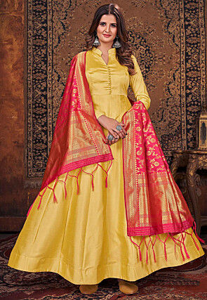 Solid Color Art Silk Abaya Style Suit in Yellow