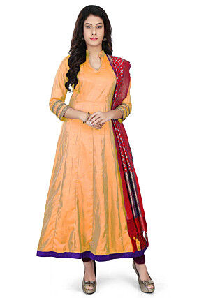 Solid Color Art Silk Anarkali Suit in Peach