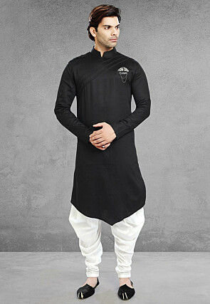 Solid Color Art Silk Asymmetric Dhoti Kurta in Black