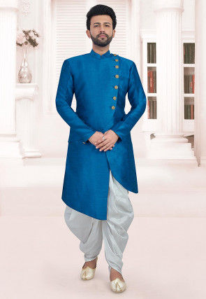 Solid Color Art Silk Asymmetric Dhoti Sherwani in Blue