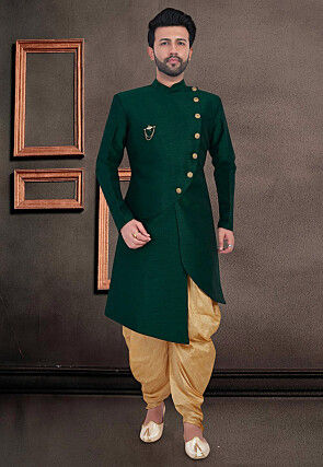 Solid Color Art Silk Asymmetric Dhoti Sherwani in Dark Green