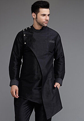 Solid Color Art Silk Asymmetric Kurta in Black