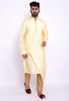 Solid Color Art Silk Asymmetric Kurta in Light Yellow