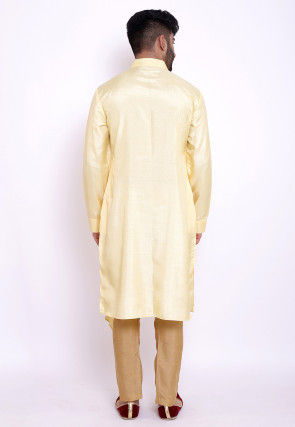 Solid Color Art Silk Asymmetric Kurta in Light Yellow