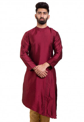 Solid Color Art Silk Asymmetric Kurta in Maroon