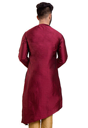 Solid Color Art Silk Asymmetric Kurta in Maroon