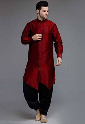 Solid Color Art Silk Asymmetric Kurta Set in Maroon