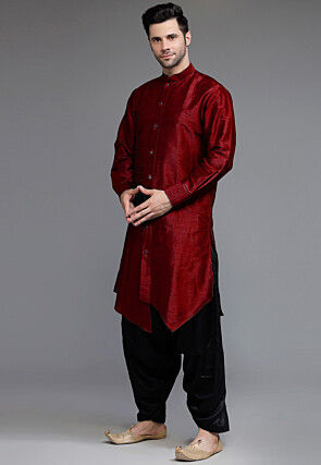 Solid Color Art Silk Asymmetric Kurta Set in Maroon