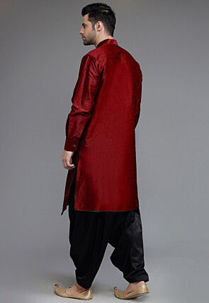 Solid Color Art Silk Asymmetric Kurta Set in Maroon
