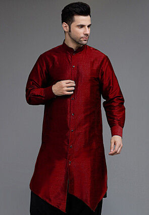 Solid Color Art Silk Asymmetric Kurta Set in Maroon