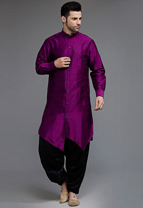 Solid Color Art Silk Asymmetric Kurta Set in Purple