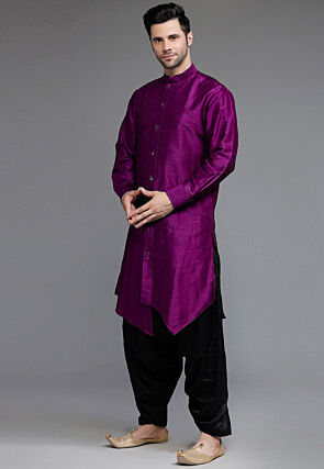 Solid Color Art Silk Asymmetric Kurta Set in Purple