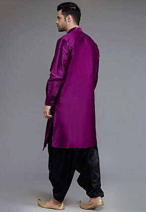 Solid Color Art Silk Asymmetric Kurta Set in Purple