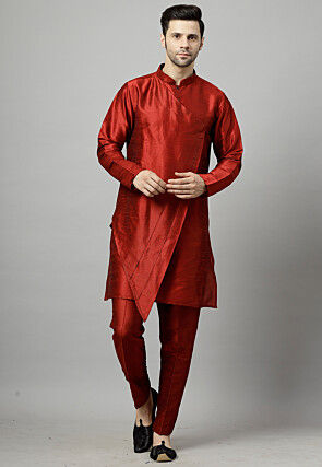 Solid Color Art Silk Asymmetric Kurta Set in Red