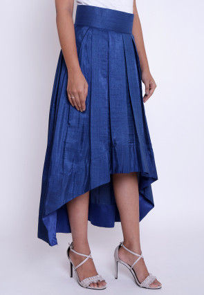 Solid Color Art Silk Asymmetric Pleated Skirt in Dark Blue