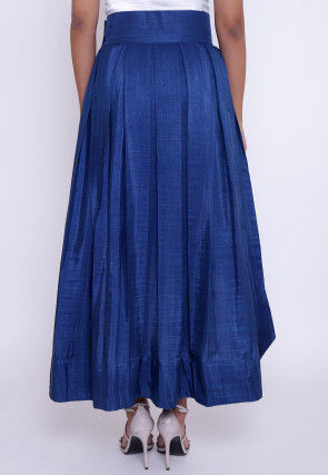 Solid Color Art Silk Asymmetric Pleated Skirt in Dark Blue