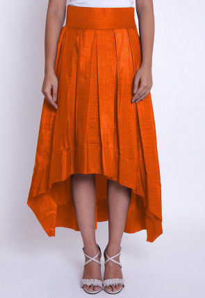 Solid Color Art Silk Asymmetric Pleated Skirt in Orange