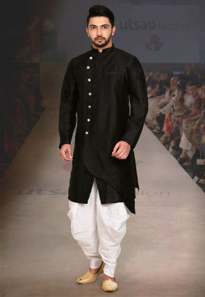 Solid Color Art Silk Asymmetric Sherwani in Black