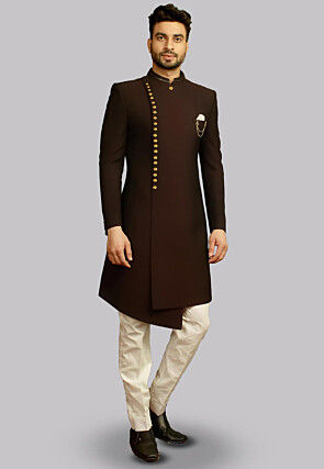 Solid Color Art Silk Asymmetric Sherwani in Brown