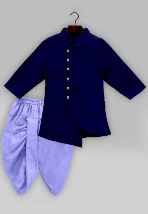 Solid Color Art Silk Asymmetric Sherwani in Navy Blue