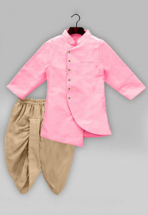 Solid Color Art Silk Asymmetric Sherwani in Pink