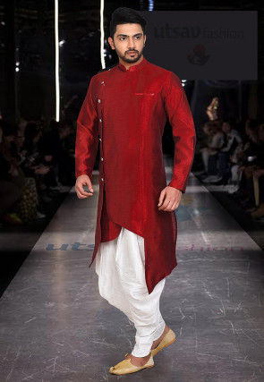 Solid Color Art Silk Asymmetric Kurta Set in Red