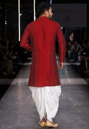 Solid Color Art Silk Asymmetric Kurta Set in Red