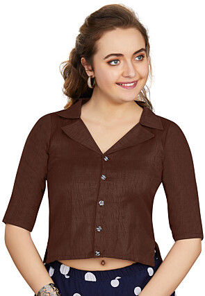 Solid Color Art Silk Blouse in Brown