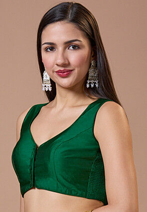 Solid Color Art Silk Blouse in Dark Green