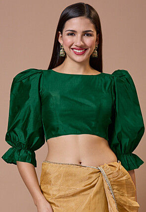 Solid Color Art Silk Blouse in Dark Green