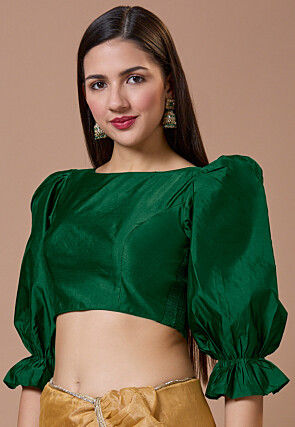 Solid Color Art Silk Blouse in Dark Green