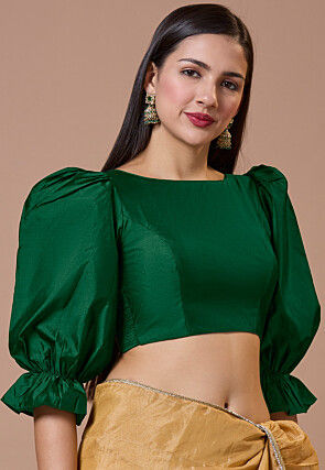 Solid Color Art Silk Blouse in Dark Green