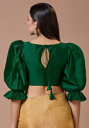Solid Color Art Silk Blouse in Dark Green