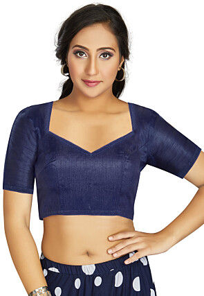 Solid Color Art Silk Blouse in Navy Blue
