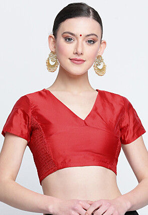 Women's Red Art Silk Umbrella Sleeves Readymade Blouse - AASTHA